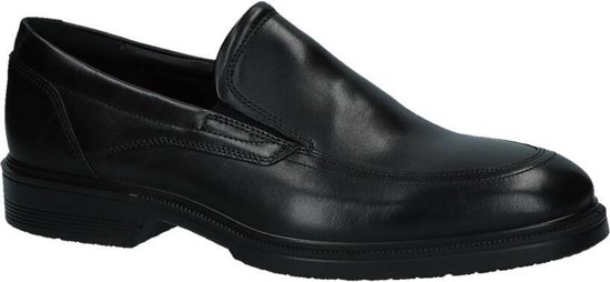 Zwarte ECCO mocassin, zij-aanzicht. Glad leren schoen met stikseldetails op de neus.