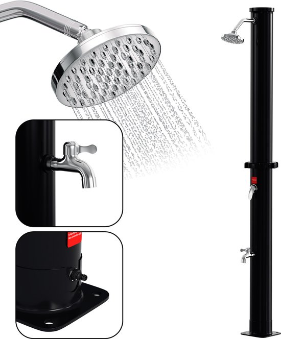Randaco Zonnedouche, tuindouche op zonne-energie, warm water, tot 60 °C, zonder stroomaansluiting, zwembaddouche, camping, met voetdouche en draaibare regendouchekop, zwart (40 liter