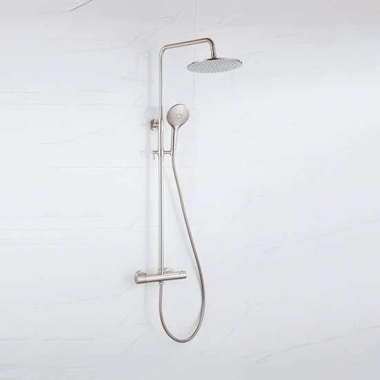 Fortifura Calvi Regendoucheset - thermostatisch - 25cm hoofddouche - gladde slang - ronde handdouche - Geborsteld RVS PVD