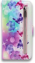Samsung Galaxy A20E Hoesje - Portemonnee Hoesje met Print & Rits Vakje - Kaarthouder & Magneetlipje - Bloemen & Vlinders