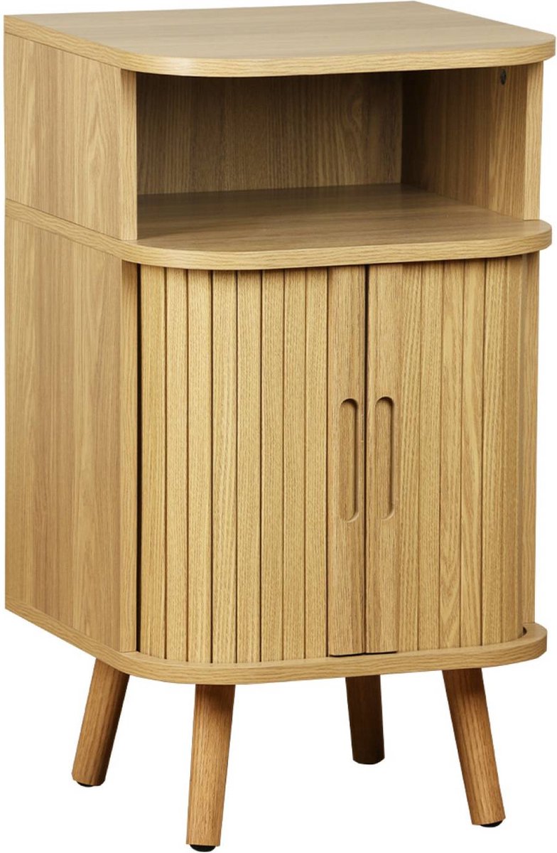 sweeek Nachtkastje 2 schuifdeuren + 1 vak houtlook gegroefd, l 40 x d 40 x h 70cm Naturel