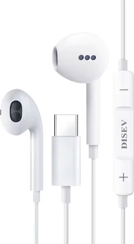 Witte in-ear oordopjes met USB-C aansluiting en bedieningspaneel met volume knoppen en microfoonicoon.