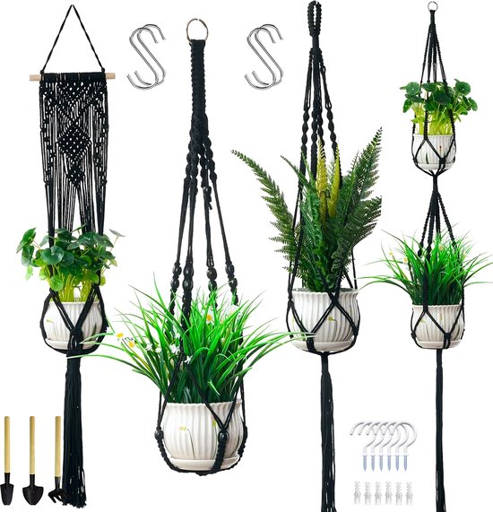 4 Stuks Luxe Macrame Plantenhangers - Boho Handgeweven Katoen Hangpot voor Binnen/Buiten - Hangende Bloempot met Kralen - Macramé Touw/Koord Hangplant Houder - Bohemian Wandhanger Decoratie - Plant Hanger - Verticale Tuin Bloempothouder Planthanger