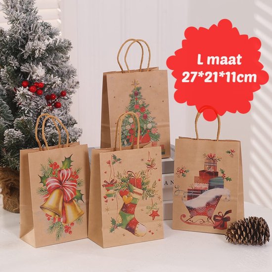 8 x Kersttassen - 27*21*11 cm - Kraft papier tassen - 4 Verschillende patronen - 2 van elk - Kerst tassen - Model Kerstboom - Kerst Cadeau zakjes - Kerstverpakking