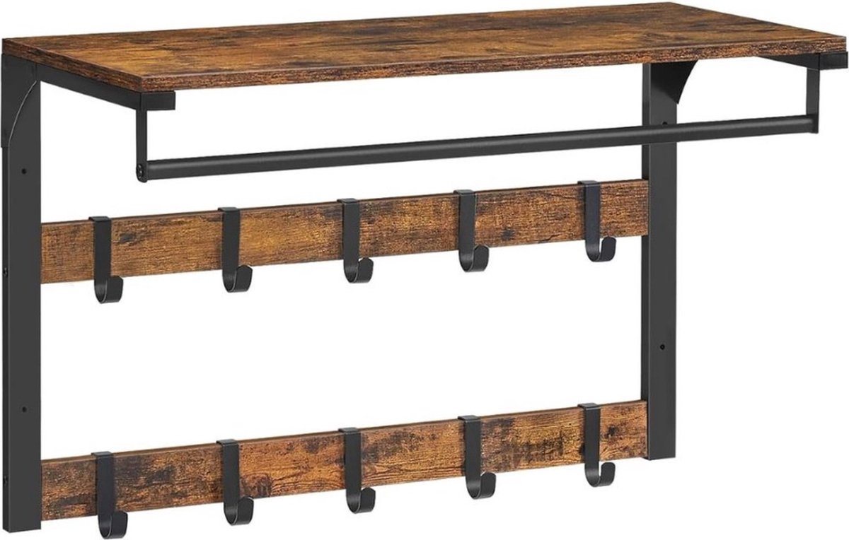 Kapstok - Wandkapstok met Hoedenplank - Kapstok Hangend met Plank - Gardaroberek - Hout - Industrieel - Bruin