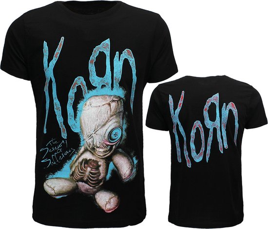 T-shirts noirs Korn, avant et arrière. Devant avec imprimé de poupée, dos avec logo 'Korn'.