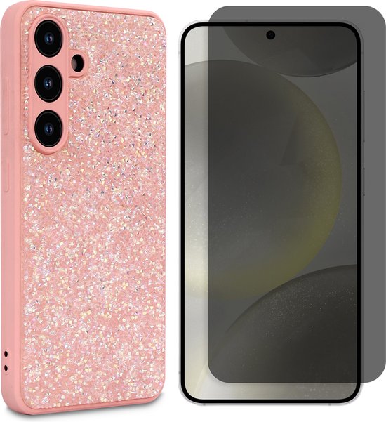 Roze glitter telefoonhoesje naast een privacy screenprotector.