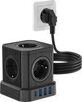 Voomy Cube 3M Stekkerdoos met USB-C 20W Snellader - Met Schakelaar - 5 Stopcontacten - 4 USB Poorten - Powercube - Verlengsnoer - Zwart