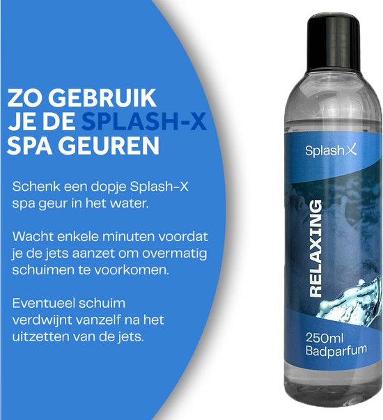 Fles Splash-X badparfum RELAXING 250ml.Instructies in het Nederlands: schenk een dopje, wacht, eventueel schuim verdwijnt.