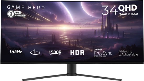 GAME HERO® 34 inch Ultrawide Curved Gaming Monitor Zwart - 165 Hz - 1ms