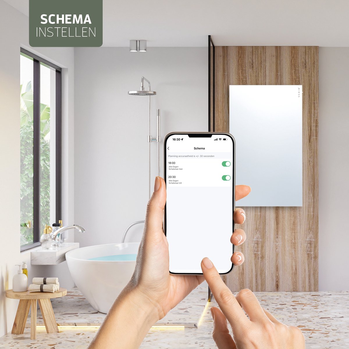 Varin® Smart Design Infrarood verwarmingspaneel - 600W - 100x60cm - Helder wit glas - IP24 - Met thermostaat - Wandmontage of verrijdbaar - Elektrische verwarming - Infrarood paneel verplaatsbaar - Kachel - Heater bureau - Terrasverwarmer - Tuya Wifi – foto 7