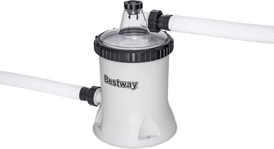 Witte Bestway filterpomp met transparante deksel en zwarte aansluitingen, met witte flexibele slangen aan beide zijden.