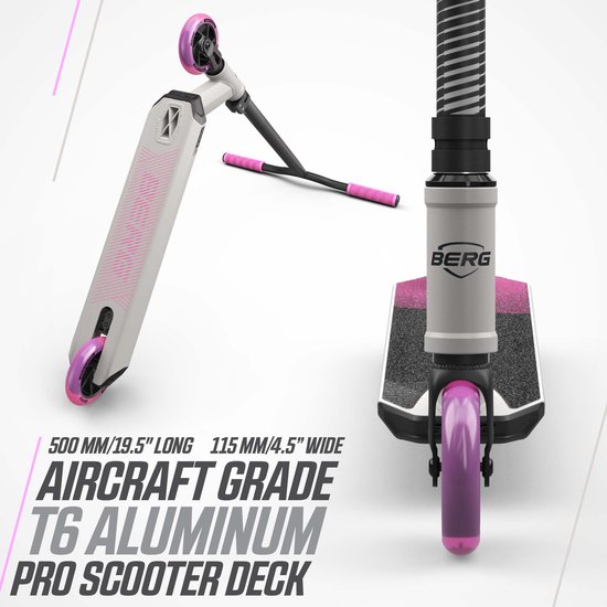 Stuntstep in grijs en roze, met tekst '500 MM/19.5" LONG 115 MM/4.5" WIDE AIRCRAFT GRADE T6 ALUMINUM PRO SCOOTER DECK'.