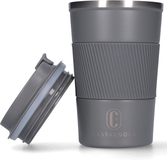 Castagnola Thermos Cup - Coffee Cup To Go - Tasse de voyage pour Café et Thee - Tasse à thé - 380 ML - Acier inoxydable - Grijs