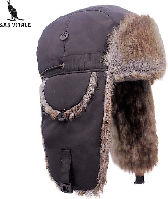 San Vitale® - Bonnet pilote - Bonnet d'hiver - Avec oreillettes - Bomber/Chapeau russe - Unisexe - Tissu déperlant / imitation fourrure - Grijs