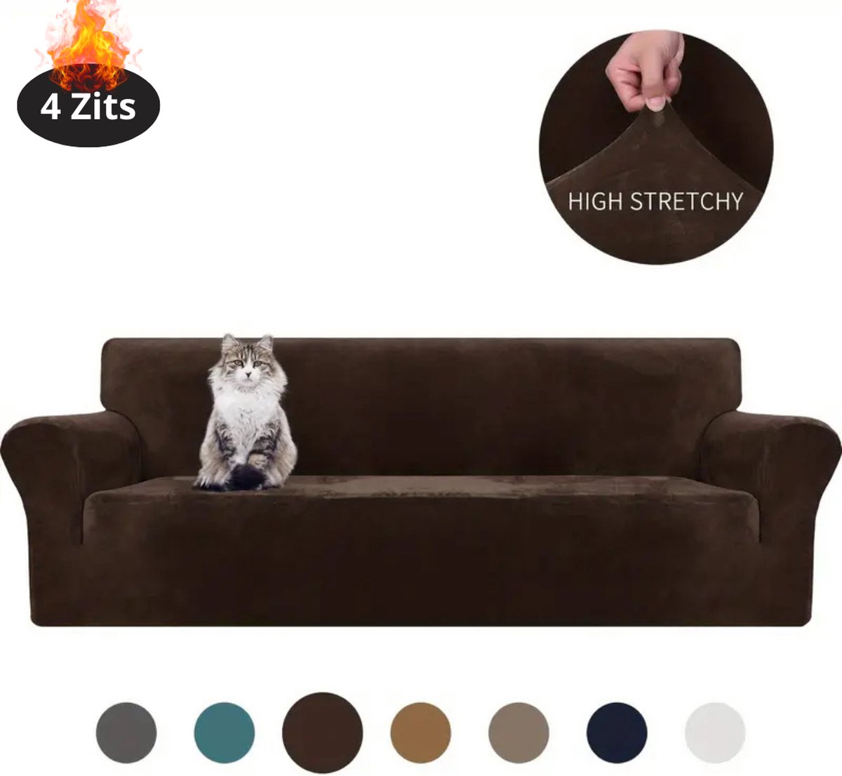 Livano Bankhoes - Bankbeschermer - Stretch - Sofa Cover - Fluweel - Donker Koffie - 4 Zits
