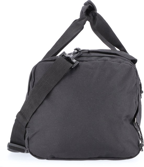 Zij-aanzicht van een zwarte Eastpak Reader S+ reistas met schouderband.