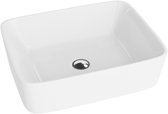 Witte rechthoekige opzetwastafel met chromen drain, op witte achtergrond.