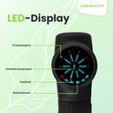 Gedetailleerde weergave van het LED-display van de 2BEHEALTHY massagegun XG10, met uitleg over drukweergave, snelheid en batterijniveau.