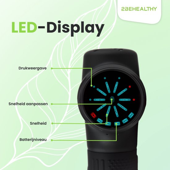 Gedetailleerde weergave van het LED-display van de 2BEHEALTHY massagegun XG10, met uitleg over drukweergave, snelheid en batterijniveau.