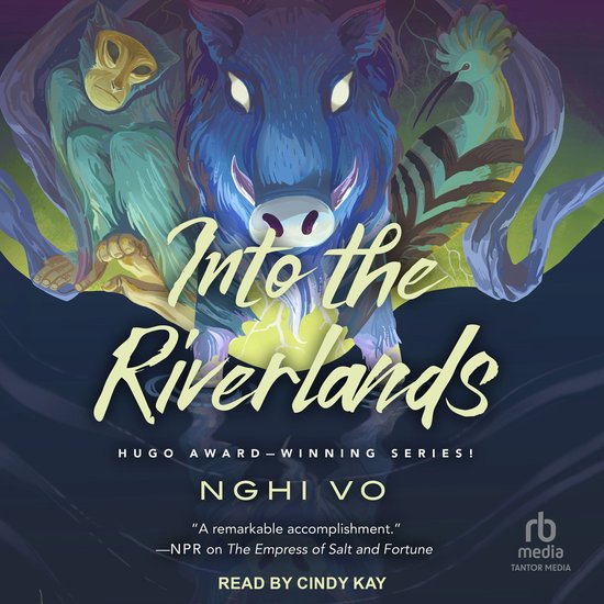 Boekomslag van 'Into the Riverlands' met een blauwzwijn, aap en vogel te midden van groen en paars.