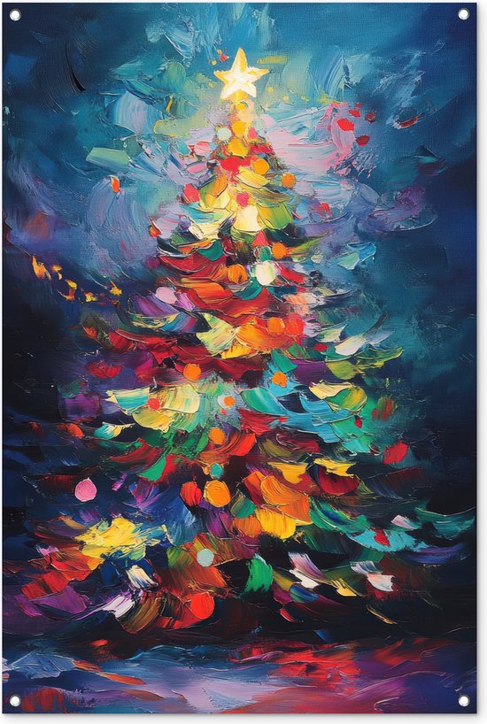 Tuinposter 80x120 cm - Tuindecoratie Kerstboom - Kerst - Abstract - Kleurrijk - Poster voor in de tuin - Buiten decoratie - Schutting tuinschilderij - Tuindoek muurdecoratie - Wanddecoratie balkondoek - Kerstversiering - Christmas tree decorations