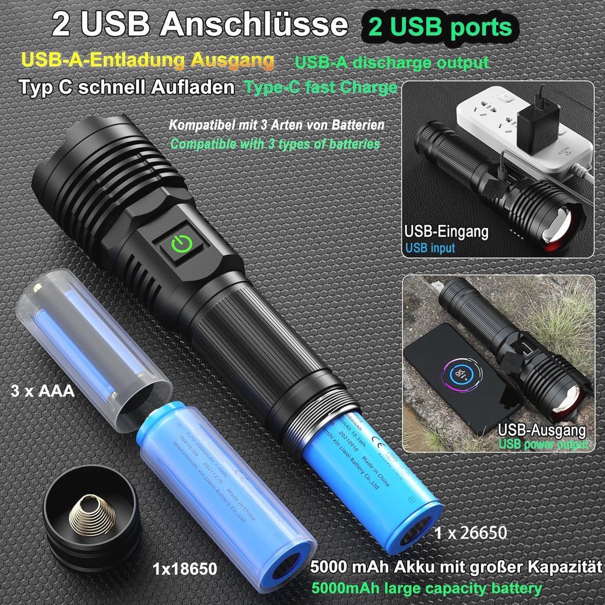 Lampe Torche LED Rechargeable 250 000 Lumens - Zoom, 3 Modes, Étanche IPX7, Batterie 20000mAh