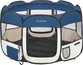 Dreamble® | Puppyren | Hondenren | Blauw | (B) 116 x (H) 66 cm | Opvouwbaar | Extra dik gaas - tegen scherpe nagels | 2 In-uitgangen met rits, oprolbaar | 3 pockets | 4 tentharingen en 4 lusjes | Gaasdak met rits | Draagtas met riem | Pop-up systeem