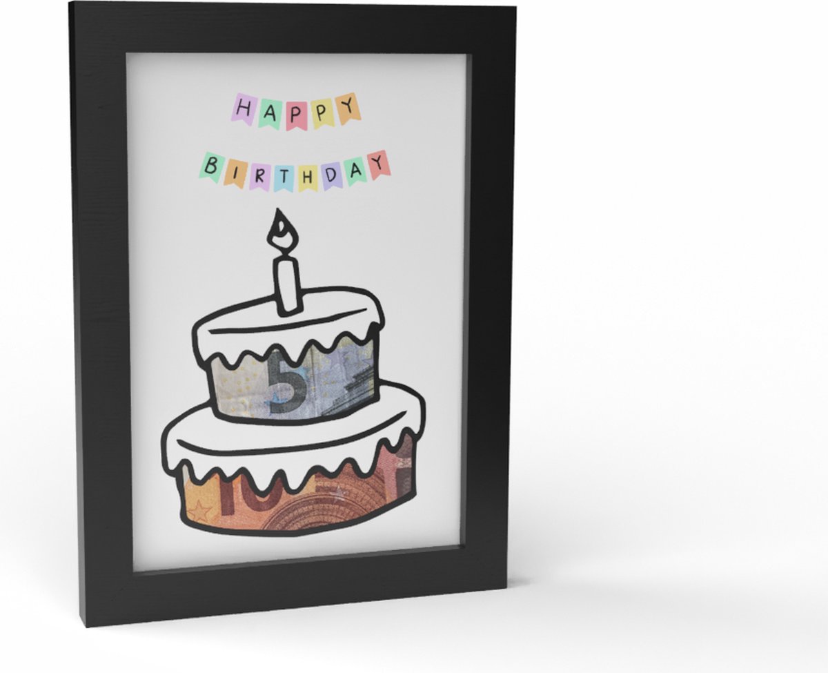 Kadogeld.nl - Fotolijst A5 Geldcadeau - Happy Birthday Taart - Orgineel - Geld - Cadeau - Geven