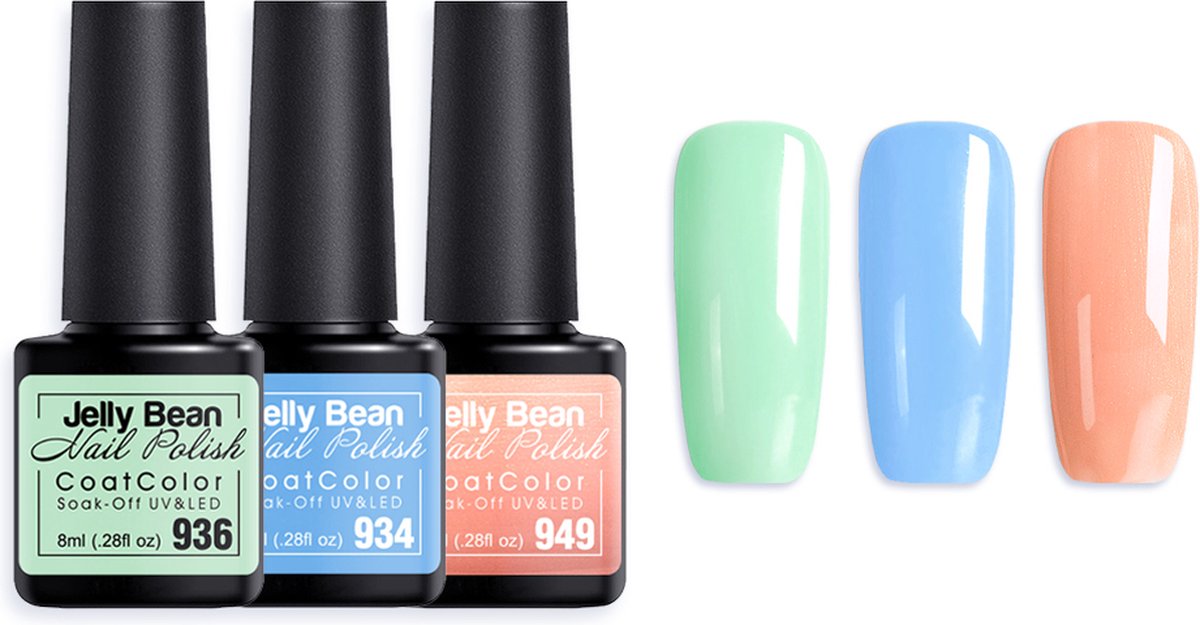 Goedkoopste Jelly Bean Nail Polish Gel Nagellak New - Three shades of Summer - Groen - Roze - Blauw - UV Nagellak voordeelset 8ml