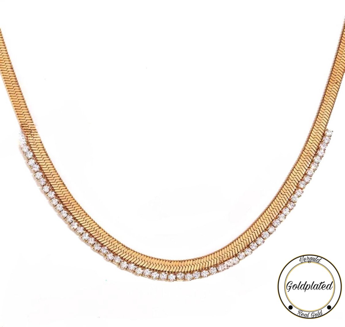 Platte Zirkonia Schakelketting | Goldplated | Zirkonia | Elegante Ketting | Dames Ketting | Vrouwen Cadeau |