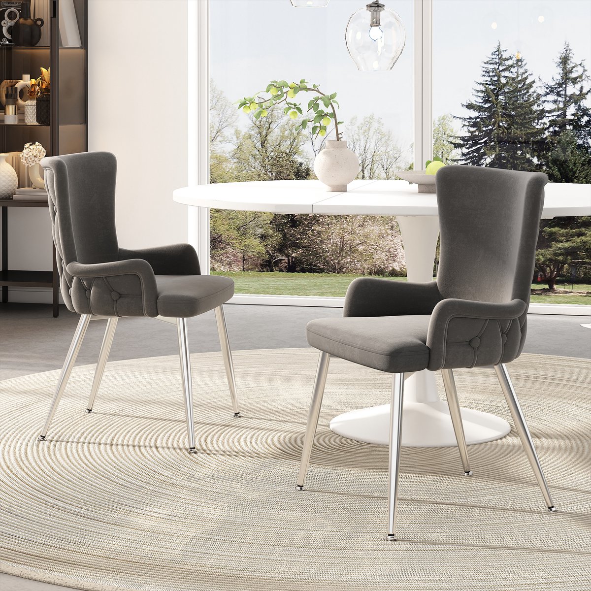 Gutent Fluwelen Eetkamerstoelen, Grijs (Zonder tafel), set van 2, Luxe Woonkamer/slaapkamer loungestoelen met vier zilverkleurige metalen steunpoten
