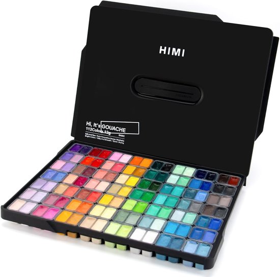 Boîte de peinture gouache HIMI noire, ouverte pour révéler 112 godets de peinture colorés, avec une palette de couleurs structurée.