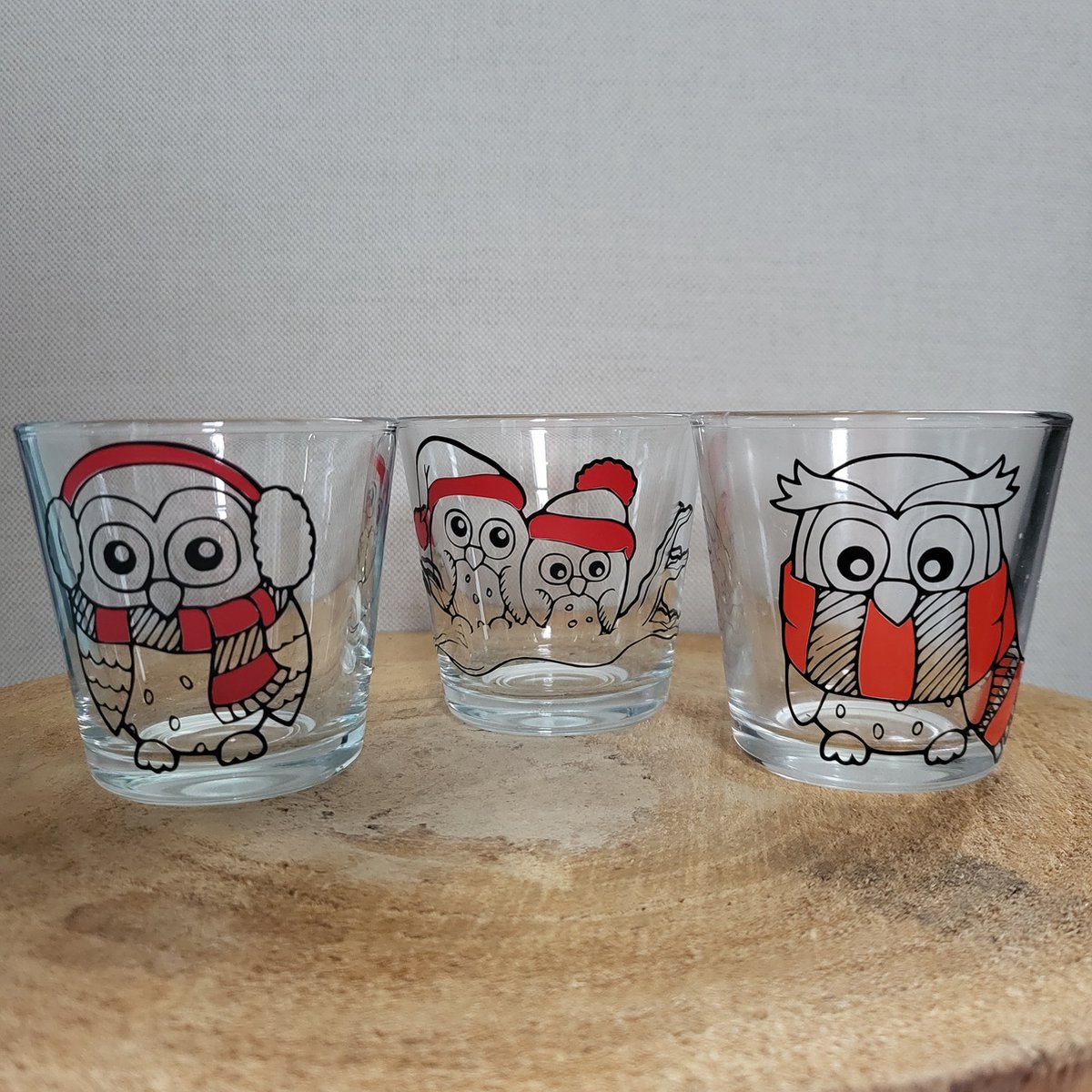 Set van 3 Theelichtjes - Kerst - Helder glas - Uiltjes