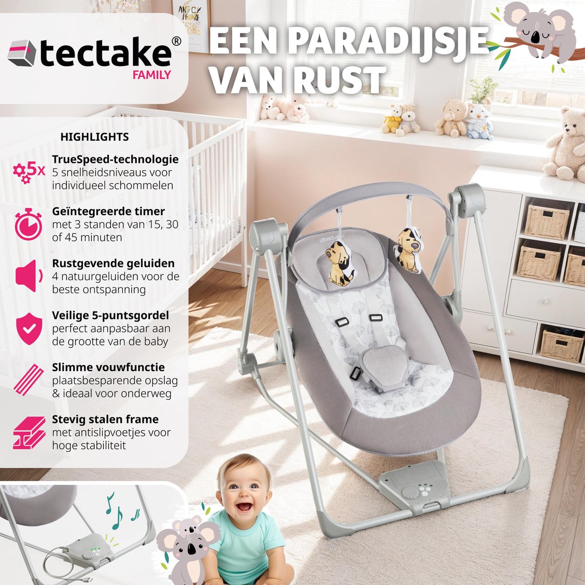 tectake® Wipstoel - Elektrische Baby Schommelstoel thumbnail 2