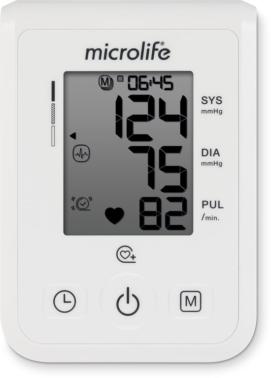 Close-up van een witte Microlife bloeddrukmeter met een digitaal scherm, weergeeft 124/75 systolische/diastolische druk.