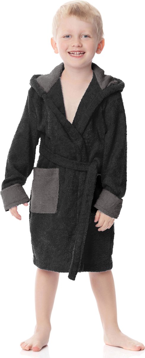 Ladeheid Kinderen Badjas met Capuchon - Wasmachine bestendig - Katoen - Badstof - LA-LA40-103-DG - Schwarz/Graphite (D16/D07) - 134-140
