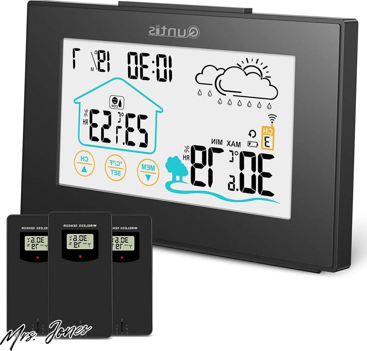 Mrs. Jones Weerstation thermometer hygrometer 3 kanalen draadloos touchscreen buitensensor digitale weersvoorspelling tijd wekker zwart-meetapparaat rainfall indicator .