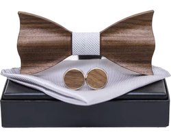 DWIH - houten Vlinderdas de Luxe - Vlinderstrik van hout - houten manchetknopen -Pochette - Zilver