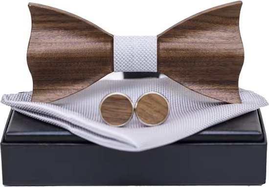 DWIH - houten Vlinderdas de Luxe - Vlinderstrik van hout - houten manchetknopen -Pochette - Zilver