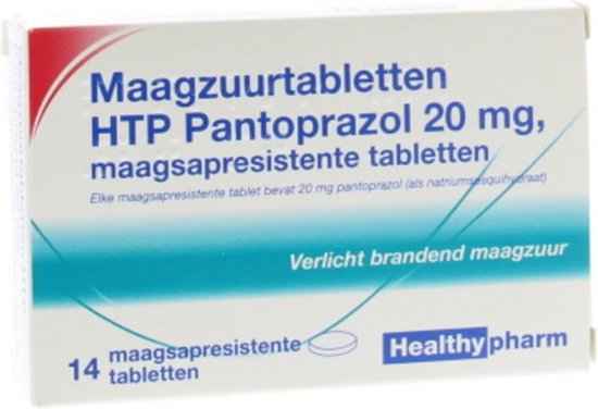 Verpakking van Maagzuurtabletten HTP Pantoprazol 20 mg met 14 maagsapresistente tabletten.