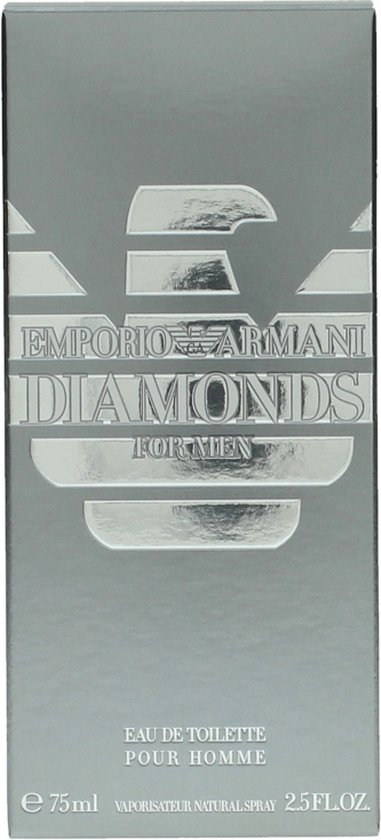 Zilverkleurige doos met Emporio Armani Diamonds for Men logo, 75ml.