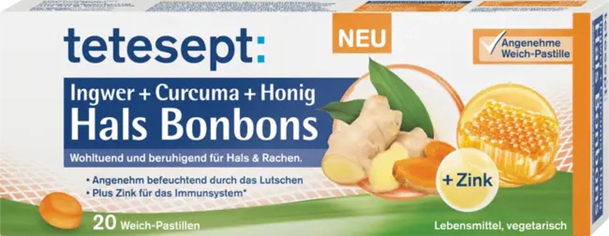 tetesept Keelbonbons Gember + Kurkuma + Honing Pastillen 20 Stuks 20 g