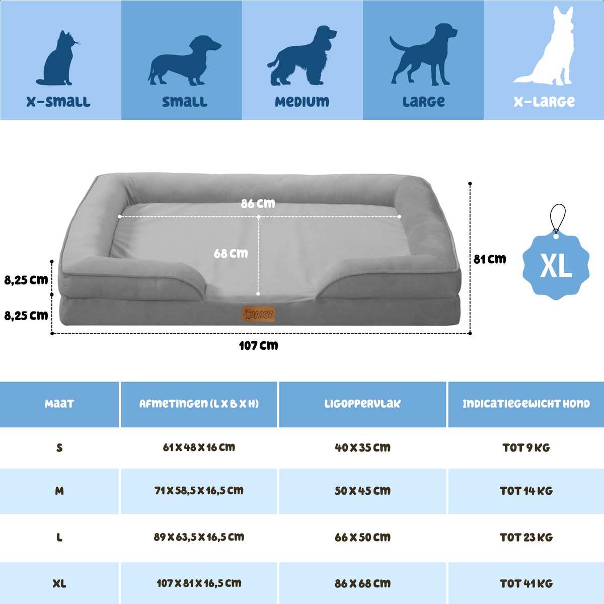 JAXY - Orthopedisch Hondenbed - Hondenmand - Hondensofa - Anti-Slip en Wasbaar - 107 x 81 x 16,5 - XL - Grijs thumbnail 3