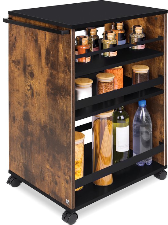 bomoe Bengt – Desserte de cuisine sur roulettes 50x79x38 cm – Desserte en bois avec 3 Planches et plan de travail FSC® – Marron Zwart