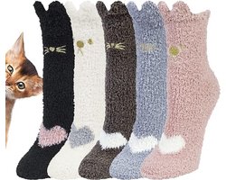 Warme Winter Sokken Dames - Set Van 5 Paar - Dames Pluche Sokken - Sokken Dames - Huissokken - Slaapsokken - Fluffy Sokken - Kat Klauw - Schattige Dierensokken - Verjaardag - Moederdag - Geschenk Vrouw - Dikke/ Verwarmende/ Comfortabel - Kerstcadea