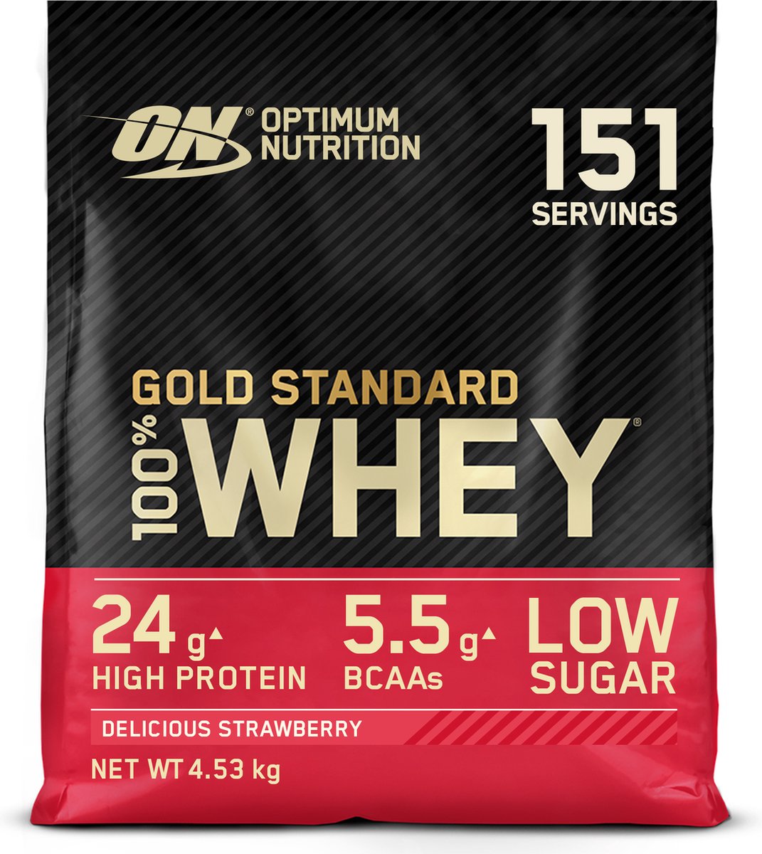 Goedkoopste Optimum Nutrition Gold Standard 100 Whey Protein - Delicious Strawberry - Proteine Poeder - Eiwitshake - 4530 gram (146 servings