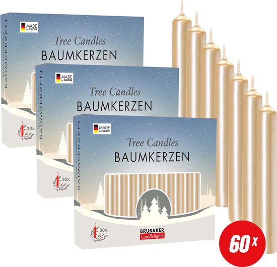 BRUBAKER 60 Stuks Boomkaarsen Was - Licht Goud - Kerstkaarsen - Piramidekaarsen - Kerstboomkaarsen - 95/12.5 mm – Kaarsen - Kaarsjes