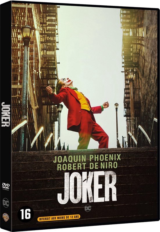 DVD-hoes van Joker met Joaquin Phoenix op trappen, 'JOKER 16' is zichtbaar.