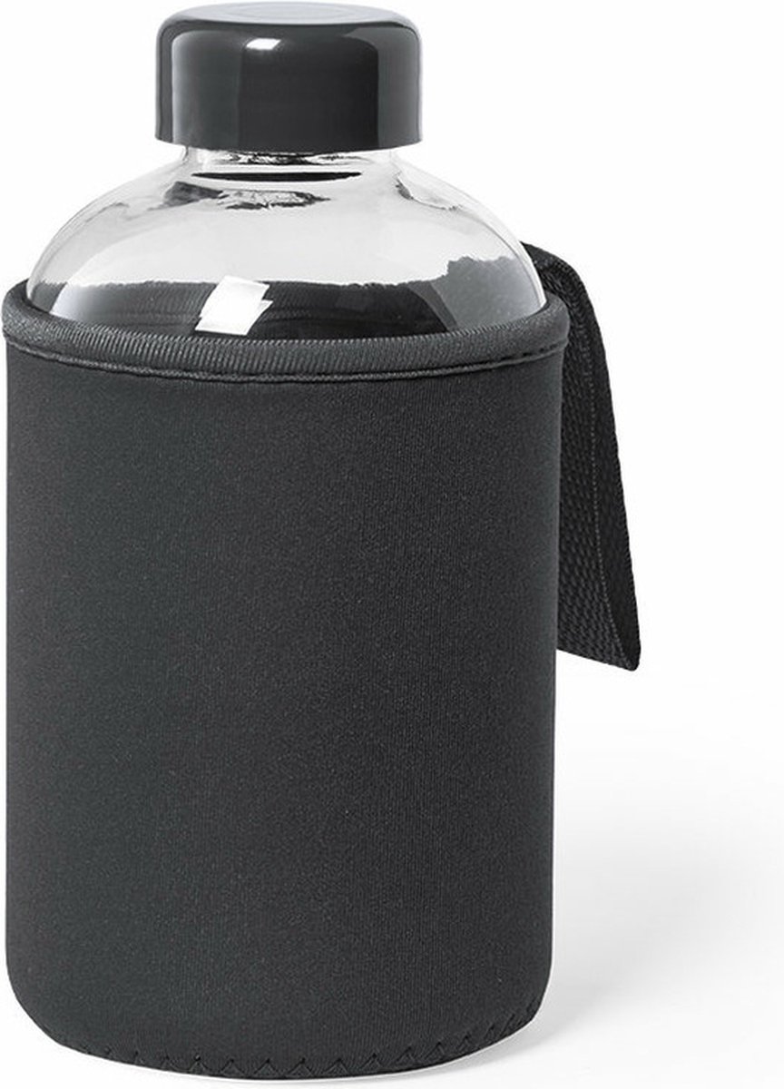 Glazen waterfles/drinkfles met zwarte softshell bescherm hoes 600 ml - Sportfles - Bidon